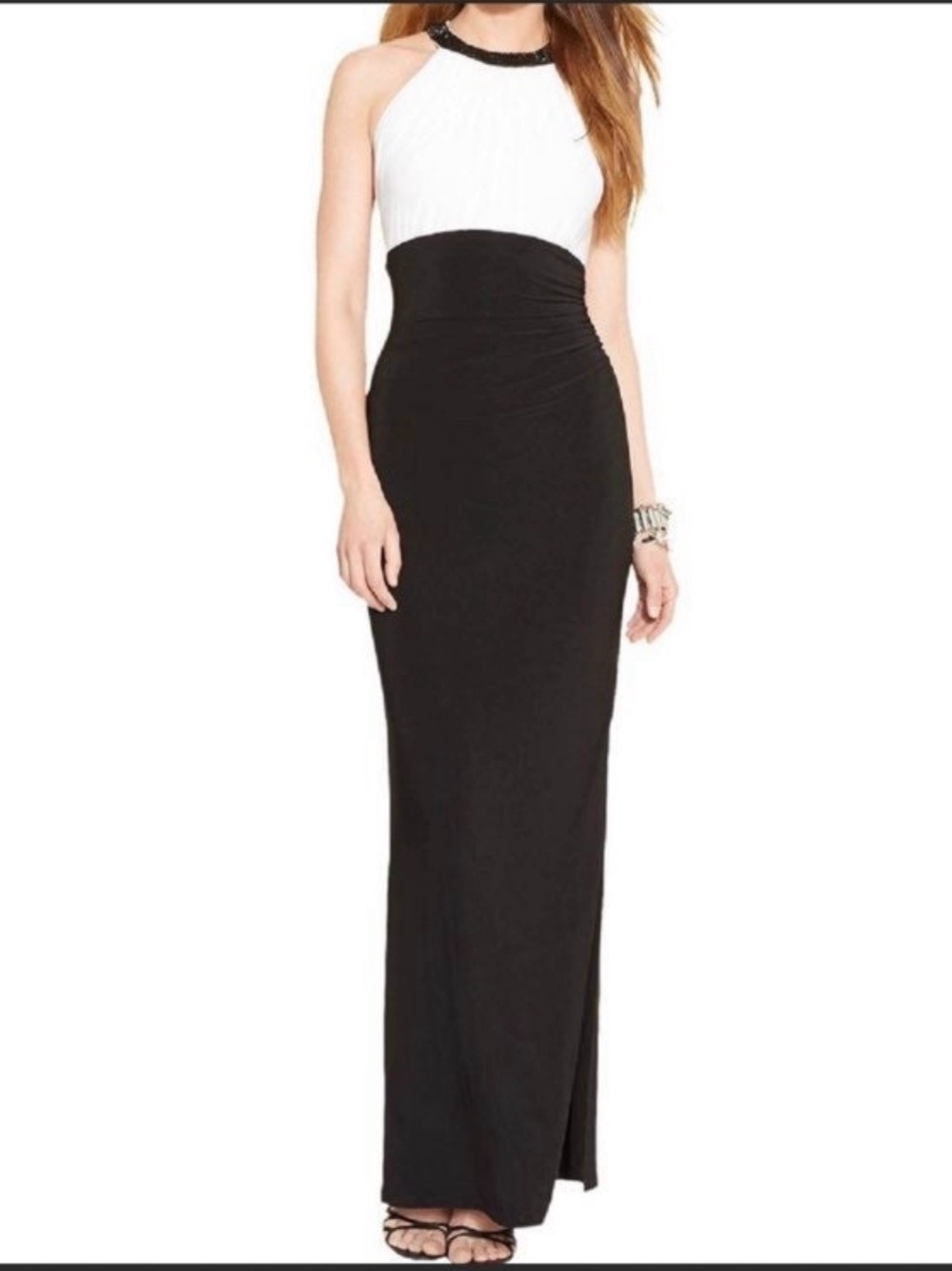 Lauren Ralph Lauren Black White Colorblock Beaded Halter Maxi Gown 14 Wedding